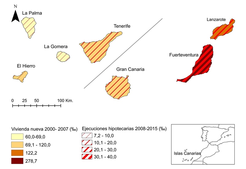 Producción de nueva vivienda (en ‰) entre 2000 y 2007
y tasa de ejecuciones hipotecarias ingresadas (en ‰) entre 2008 y 2015 en
Canarias