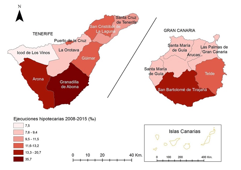 Tasa de ejecuciones hipotecarias ingresadas (en ‰) por
partidos judiciales en Tenerife y Gran Canaria entre 2008 y 2015