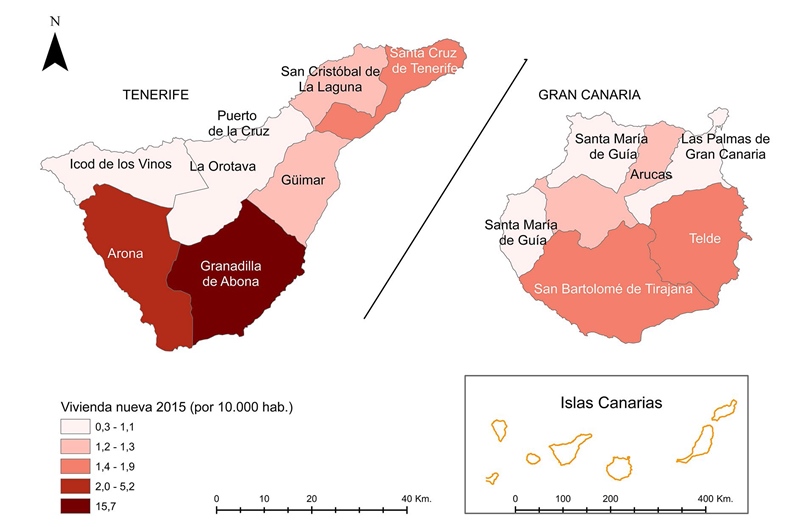 Producción de vivienda nueva por 10.000 habitantes en
los partidos judiciales de Tenerife y Gran Canaria en 2015