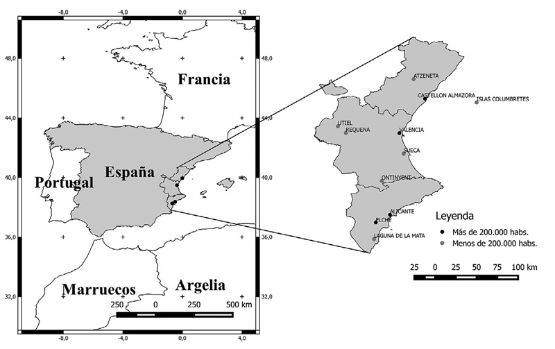 Mapa de la red regional de observatorios con series
completas de temperatura durante el período 1950-2016