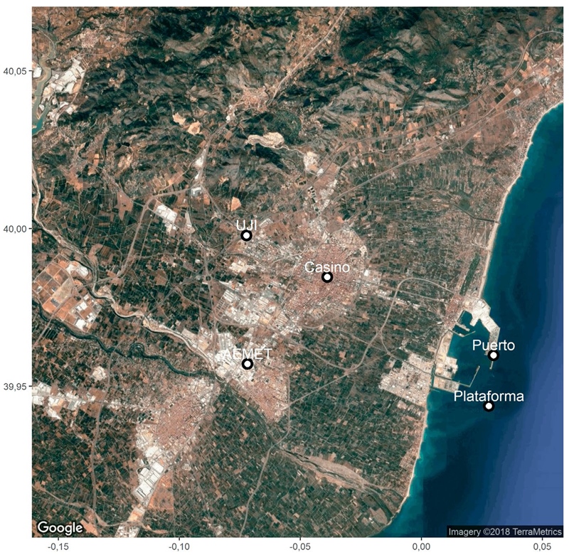 Red de estaciones utilizadas en este estudio: estación
Marina de la Universidad en la plataforma petrolífera de BP, estaciones
terrestres de la Universidad Jaume I (UJI, Casino, puerto) y Observatorio de
Castellón-Almassora (AEMET)