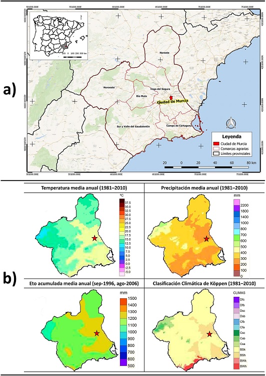 Localización del área de estudio (Panel a) y caracterización climática en la Región de Murcia (Panel b)