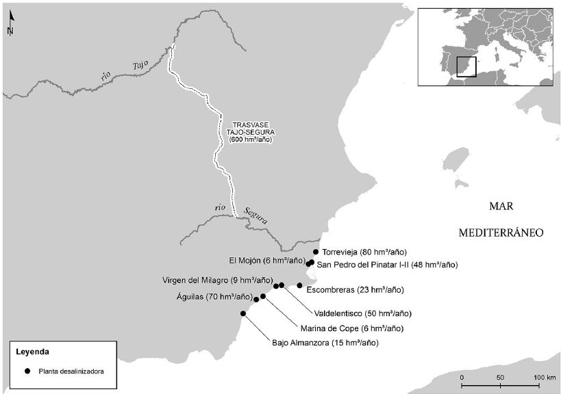 Localizaci�n de las principales plantas desalinizadoras en la Demarcaci�n Hidrogr�fica del Segura