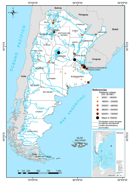 Trazado de los principales ros argentinos y ubicacin de centros urbanos