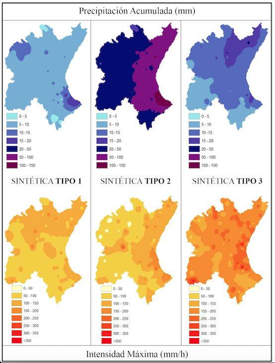Cartografía de los tres tipos de episodios sintéticos indicadores de lluvia acumulada e intensidad máxima puntual