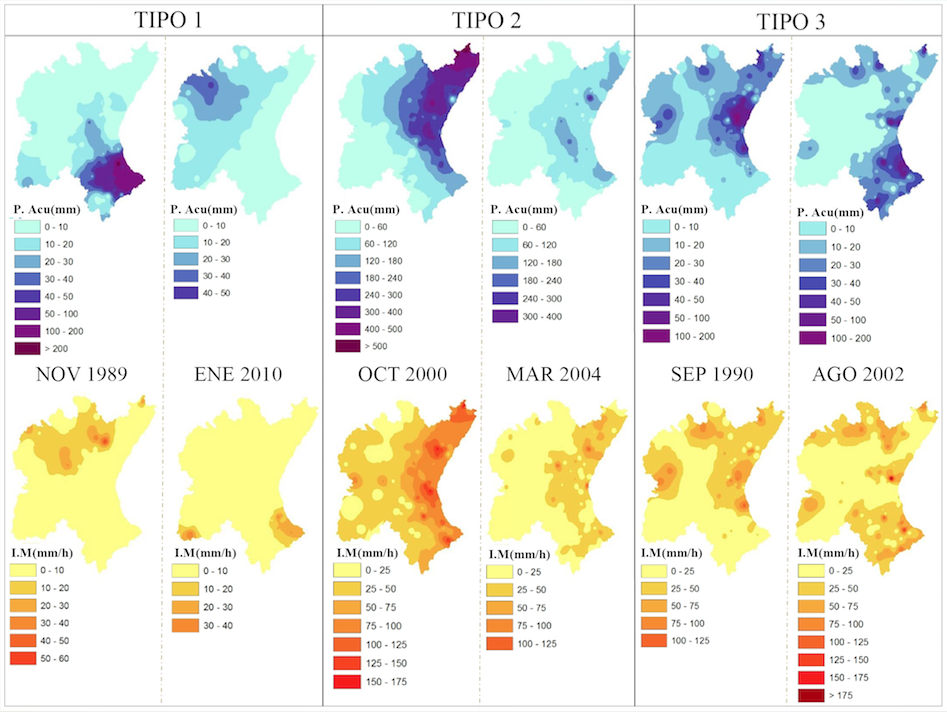 Cartografía de episodios reales indicadores de precipitación acumulada e intensidad máxima puntual