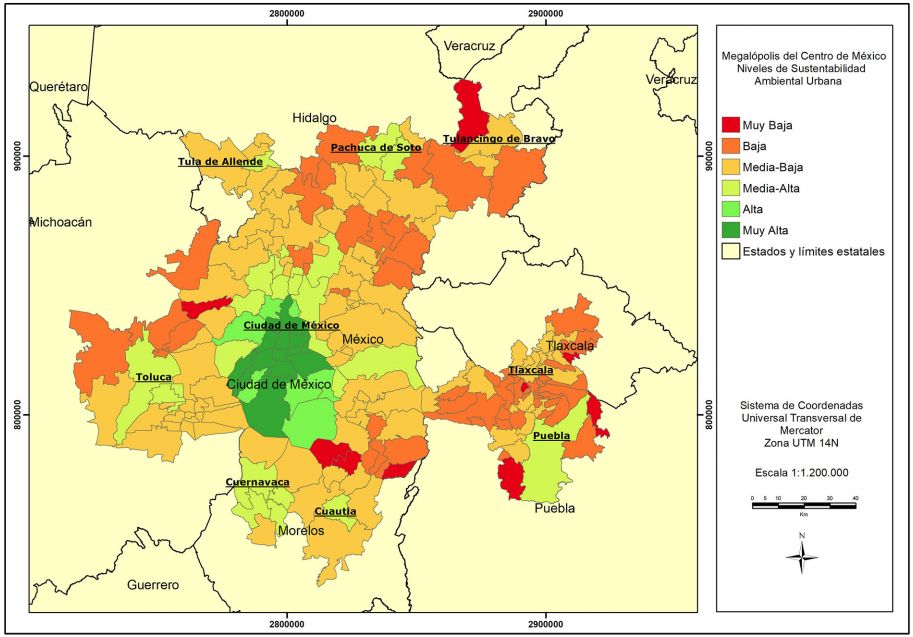 Niveles del Índice de Sustentabilidad Ambiental Urbana en la Megalópolis del Centro de México