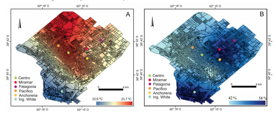 Temperatura media (A) y humedad relativa (B) en verano en Bahía Blanca