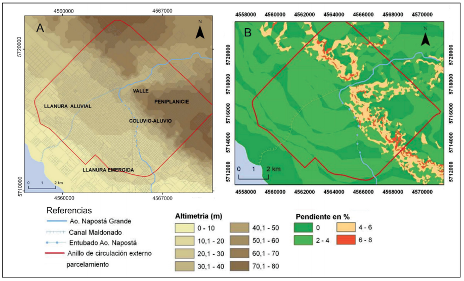Mapa de unidades geomorfológicas (A) y de pendiente (B) de la ciudad de Bahía Blanca