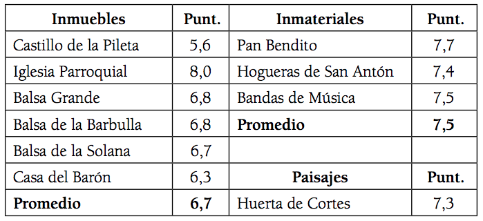 Puntuaciones participativas de cada bien asignadas por los especialistas locales