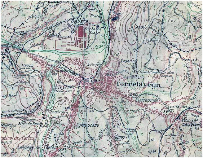 Localizaci�n de parte del entramado ferroviario en el entorno de Torrelavega (1928)