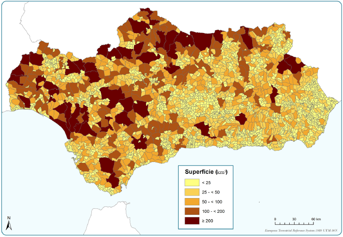 Entidades singulares del Nomencltor en Andaluca segn su superficie
