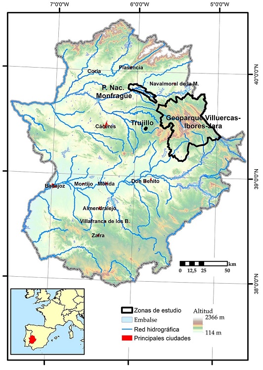 Localizacin de las reas de estudio en la regin de Extremadura y en el conjunto ibrico