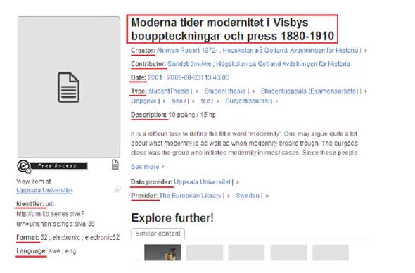 Metadata properties extracted from a digital resources.