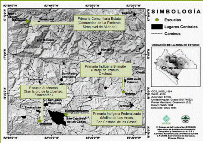 Mapa de ubicación de las escuelas en las cuales se llevó a cabo el trabajo de campo.