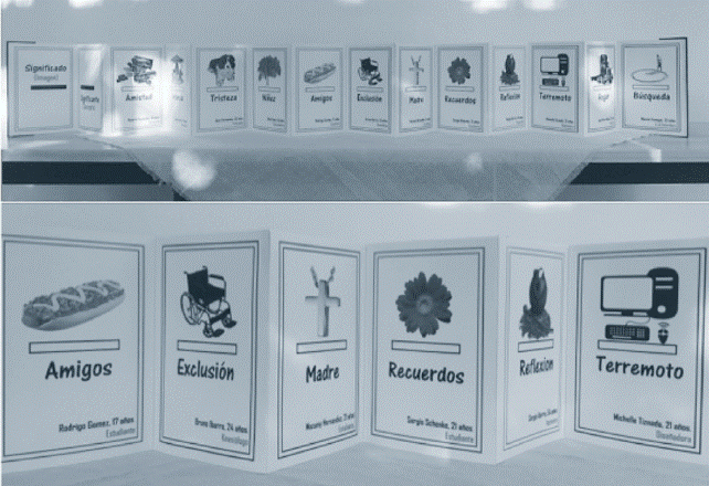 Trabajo presentado por artista-docente en formaci&oacute;n. Arriba, libro acorde&oacute;n compuesto por 14 p&aacute;ginas. Abajo, detalle del libro donde se expone la palabra escogida por los sujetos y las im&aacute;genes con las que fueron relacionadas.
