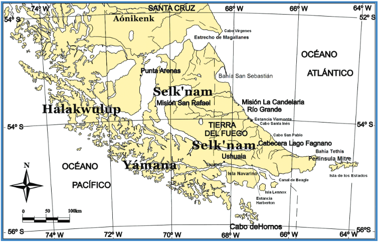 Tierra del Fuego. reas aproximadas de asentamientos selknam, ymana y halakwulup (modificado a partir de Casali 2013, Fig. 1).