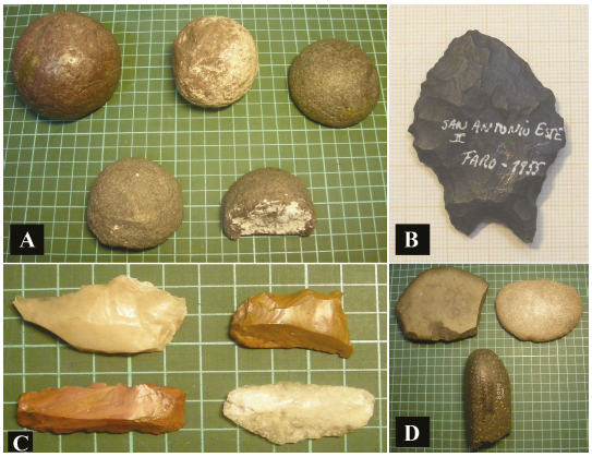 Instrumentos de la muestra estudiada. A) Bolas de boleadora. B) Punta de proyectil. C) Denticulados. D) Molinos y percutor. Escala: cada cuadrado de la figura representa 11 cm.