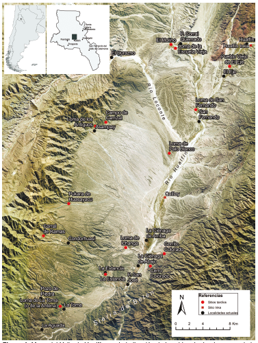 Mapa del Valle de Hualfn con la indicacin de los sitios de donde se extrajo la muestra cermica bajo estudio.