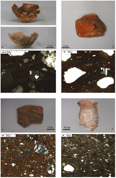Aspecto de la matriz de la cermica Beln bajo microscopio petrogrfico, segn cantidad de limo y arcilla.