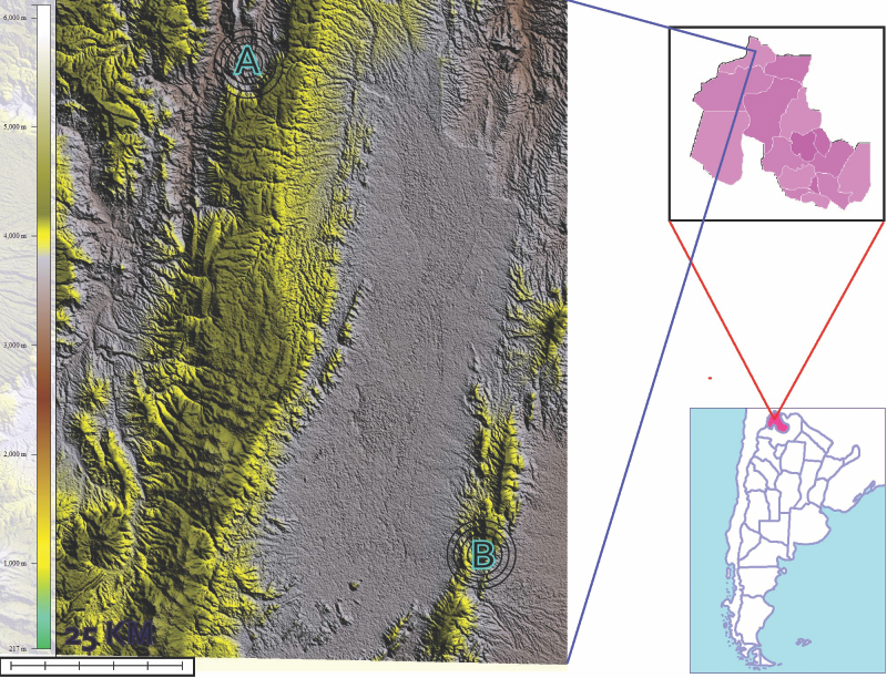rea de estudio, Puna de Jujuy, Argentina. A) Microrregin “El Angosto” en la cuenca media del ro Grande de San Juan Mayo. B) Sector Sur de la cuenca de Pozuelos.