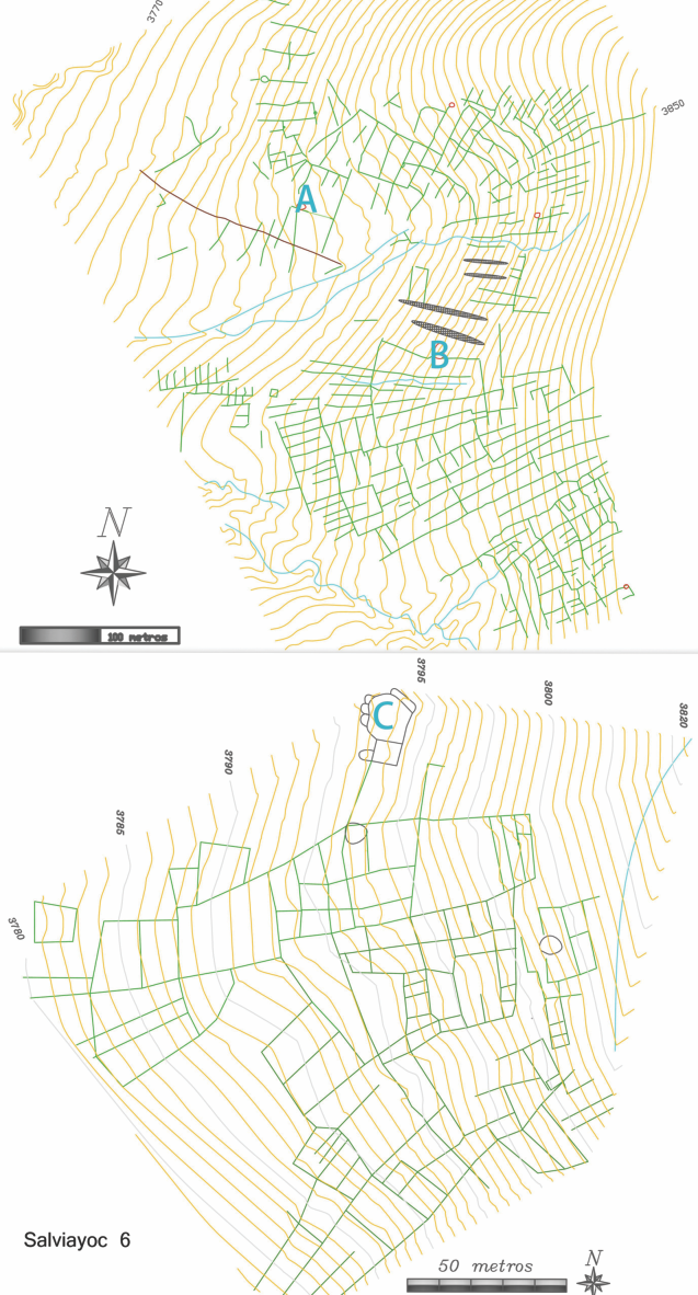 Sectores de cultivo: Arriba: Carahuasi. Abajo: Moreta 1. A: recinto “a”. B: recinto “b”. C: Estructura residencial “refugio”.