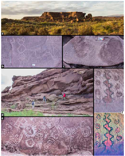 Vistas de los sitios ms grandes de la regin, ambos ubicados en el rea Bajo del Aelo, y ejemplos del arte rupestre registrado.