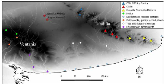 Sitios arqueolgicos Laguna La Redonda y Laguna Muscar 2. Afloramientos de materias primas lticas, depsitos primarios y secundarios (Tandilia y Ventania, el rea Interserrana y la costa atlntica).