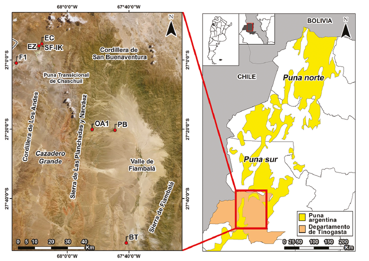 Mapa del oeste tinogaste&ntilde;o con la ubicaci&oacute;n de los sitios arqueol&oacute;gicos de los cuales provienen las muestras analizadas.