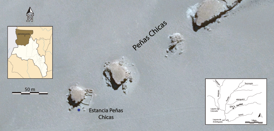 A la izquierda, departamento de Antofagasta de la Sierra en la provincia de Catamarca. A la derecha, el r&iacute;o Las Pitas en la cuenca. En el centro, la estancia en las Pe&ntilde;as Chicas. Fuente: imagen satelital Google Earth.