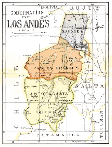 Territorio Nacional de Los Andes. Fuente: Jorge Boero (1941) Geograf&iacute;a de la Naci&oacute;n Argentina, &Aacute;ngel Estrada, Buenos Aires (apudBenedetti, 2005, p. 266).