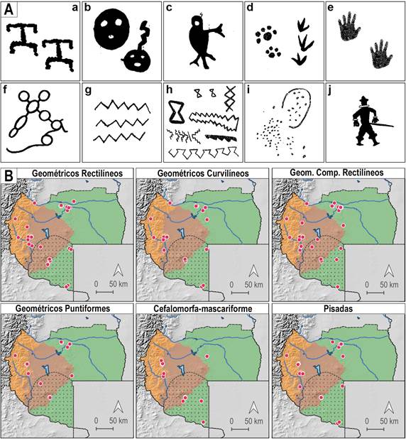 A) Clases de motivos del sur de Mendoza: a) figuras antropomorfas; b) figuras cefalomorfas-mascariformes; c) figuras zoomorfas; d) pisadas; e) manos; f) geométricos curvilíneos; g) geométricos rectilíneos; h) geométricos complejos rectilíneos; i) geométricos puntiformes; j) motivos históricos/grafitis. B) Distribución espacial de las clases de motivos más frecuentes de la región.