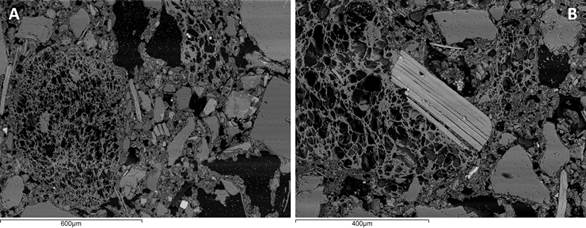 Microfotografías de SEM-EDX que ilustran la presencia de material vitrificado: A) NH3-CAB23 y B) NH3-CAB24.