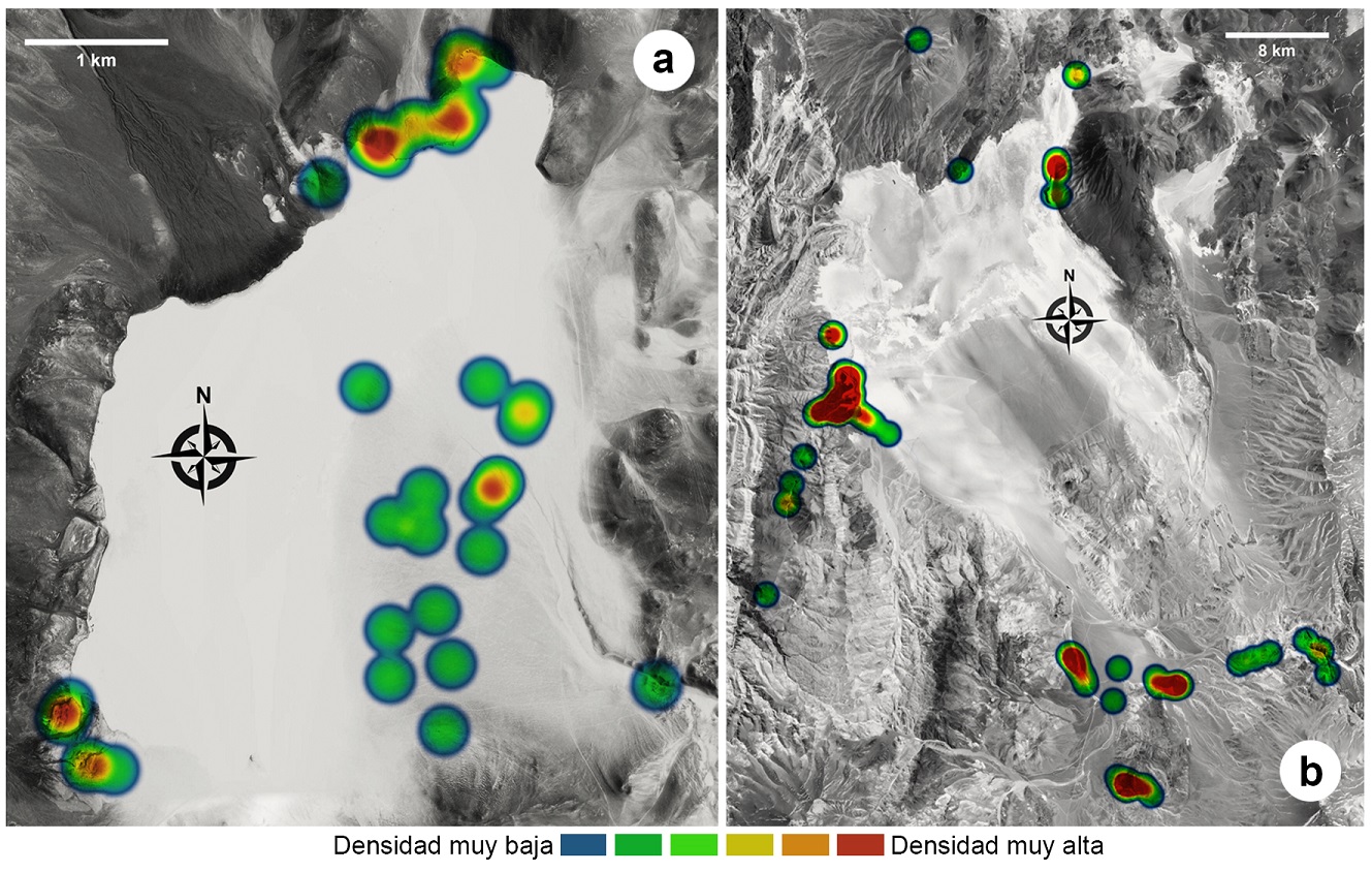 Densidades de Kernel de la distribuci�n de los sitios arqueol�gicos de: a. Infieles, y b. Pedernales.