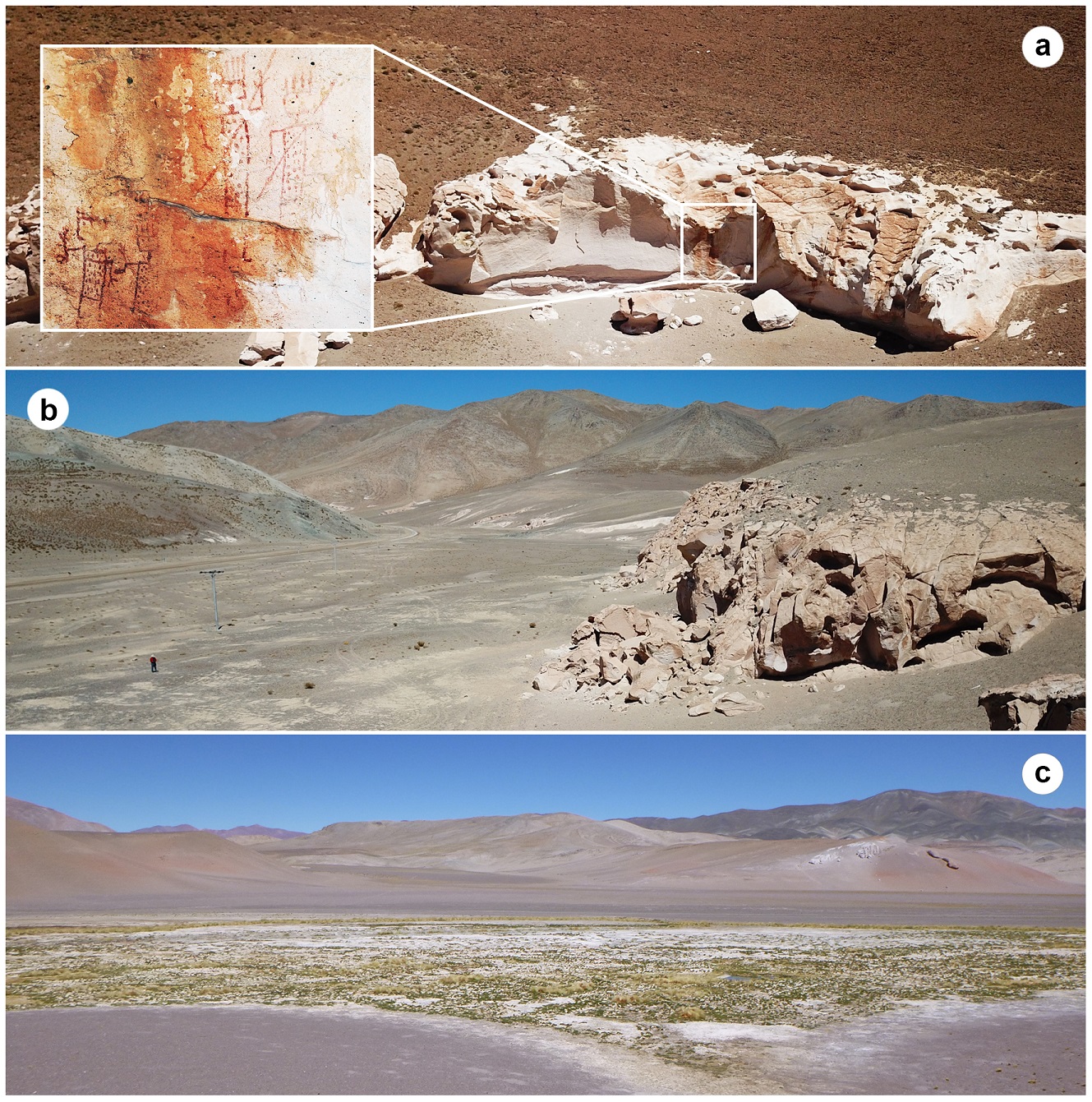  a. Vista del sitio Infieles-1 con detalle de pictograf�a en uno de sus bloques de ignimbrita; b. Vista del sitio Pedernales-38; c. Vista hacia el este desde el sitio Pedernales-5. Fotograf�as a y b tomadas por V�ctor M�ndez.