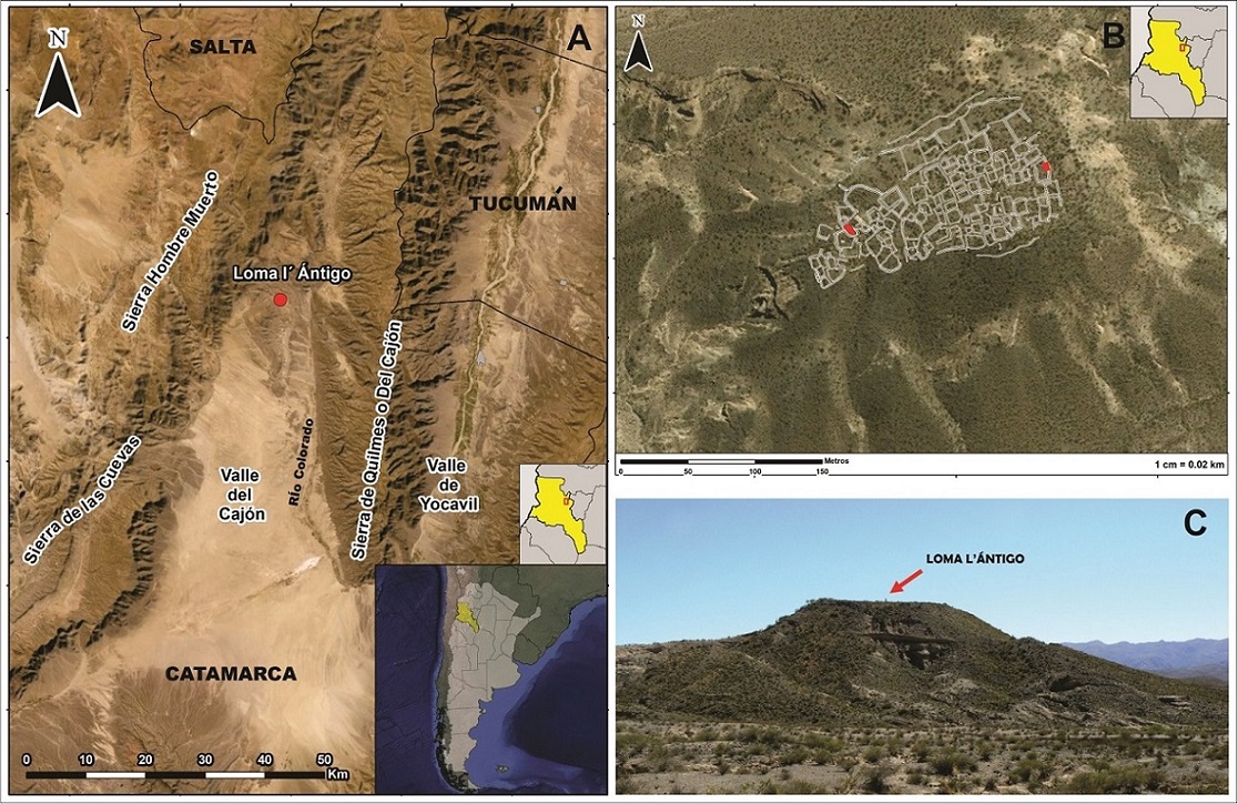 A) Mapa del �rea de estudio donde se observa la ubicaci�n del sitio arqueol�gico Loma l&rsquo;�ntigo (valle del Caj�n, Catamarca); B) Plano arquitect�nico del poblado sobre foto a�rea de la loma; y C) Loma donde se emplaza el sitio.