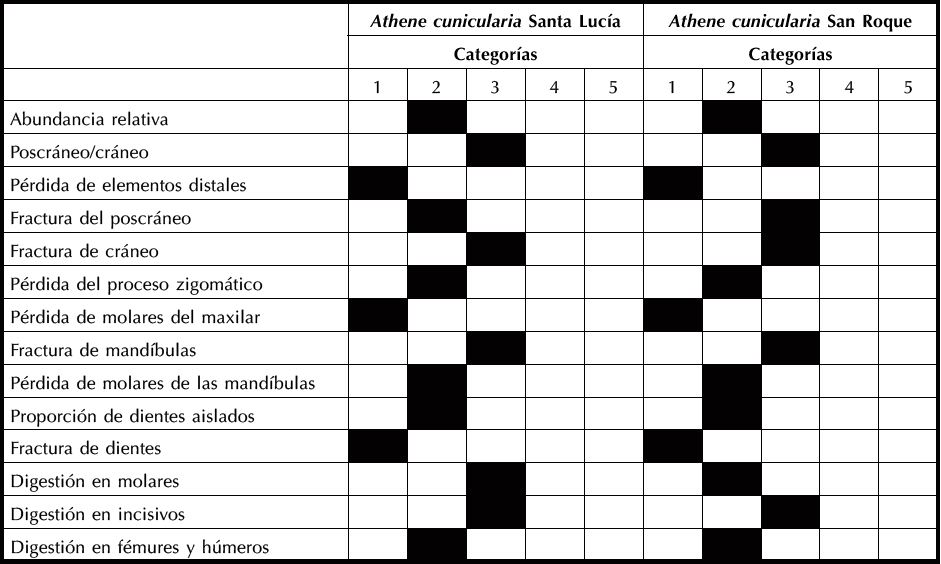 Categorizaci�n (sensu Andrews, 1990) de las principales tendencias tafon�micas registradas en conjuntos �seos y dentarios de micromam�feros recuperados en egagr�pilas actuales de Athene cunicularia en Telteca. La barra negra indica la categor�a de modificaci�n correspondiente a cada variable.