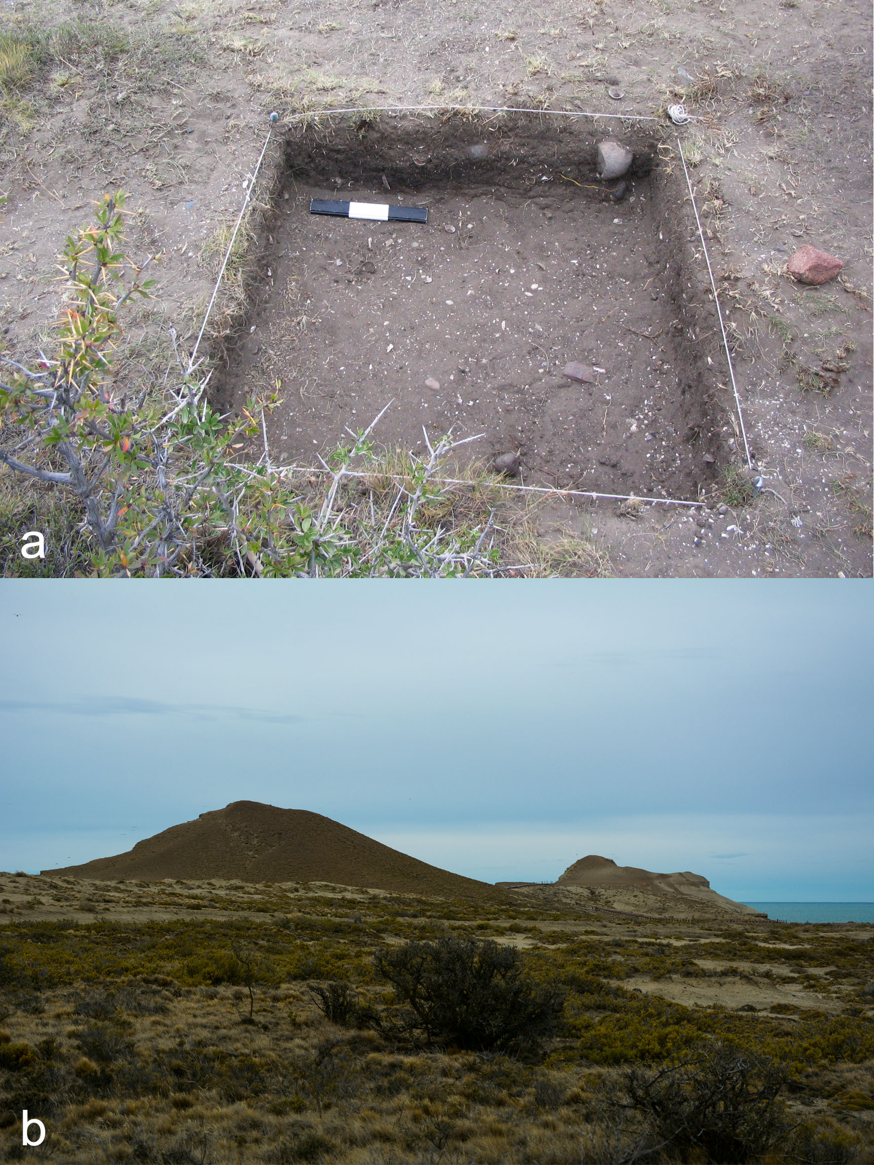 a) Cuadrícula excavada (fotografía: S. Caracotche); b) Vista desde el sitio.