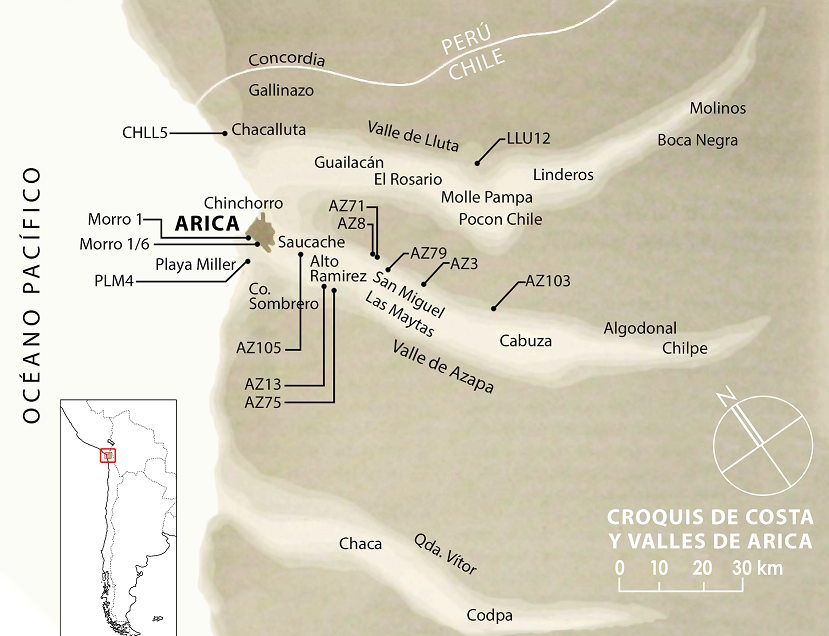 Mapa de la costa y valles de Arica con los principales sitios arqueolgicos mencionados en el texto (modificado a partir de Espoueys et al., 1995a).