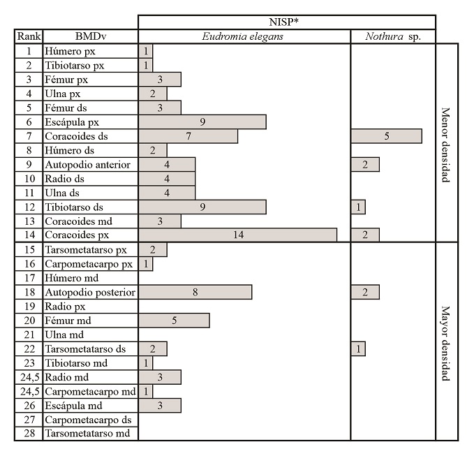Frecuencia (NISP*) de algunos elementos de E. elegans y Nothura sp. ranqueados de menor a mayor en funcin de los valores de densidad mineral sea por volumen (BMDv; Dirrigl, 2001).