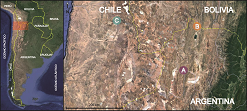 Localizacin del rea de estudio en la zona ms austral de Amrica del Sur y detalle de esta, donde se seala la ubicacin de las tres localidades de muestreo: A (reas Lapao y Punta de la Pista), B (reas Cieneguillas y Santa Catalina) y C (rea Taira).