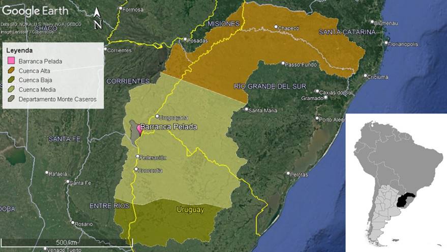 Ubicaci�n del �rea de estudio y subdivisi�n de la cuenca del Uruguay.