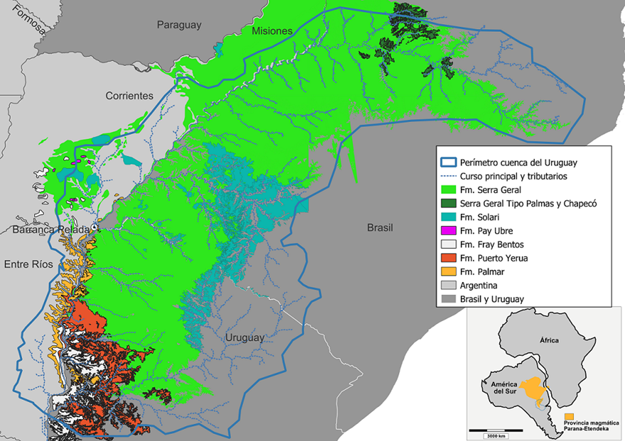 Distribuci�n de las formaciones geol�gicas mencionadas en el art�culo y ubicaci�n de Barranca Pelada. Abajo a la derecha, detalle de la extensi�n de la Provincia bas�ltica Paran�-Etendeka durante la fragmentaci�n de Gondwana y apertura del oc�ano Atl�ntico en el Cret�cico inferior. El mapa fue confeccionado en Q-GIS y consultando las bases de datos geol�gicas de organismos geol�gicos-mineros estatales de Argentina, Brasil y Uruguay (SEGEMAR, CPRM, DINAMIGE).