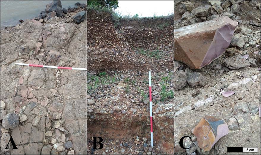 A. Fotograf�a del afloramiento primario de toba v�trea b�sica silicificada. Cada unidad de la escala de mano es de 20 cm. B. Afloramiento de la Formaci�n El Palmar en barranca del r�o. C. Muestra de mano obtenida de afloramiento primario.