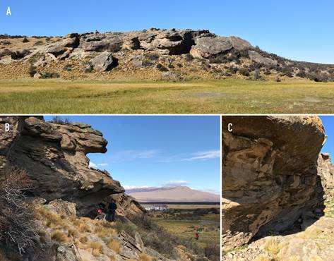Sitio Alero Kuiil 1, chorrillo Campamento. A) Vista panorámica, cara noreste de la formación; B) vista suroeste; C) detalle del sector intervenido.