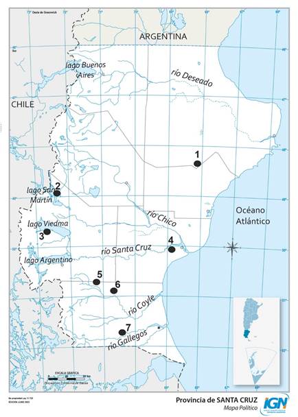 Ubicaci�n de los lugares de hallazgo de la muestra analizada. Referencias: 1) Ea. Monserrat; 2) Alero del Paisano Desconocido y M�dano Margen Norte; 3) Ea. N�daros; 4) Puente de Piedrabuena; 5) Ea. Cerro Blanco; 6) Campo Indio 1002; 7) ca�ad�n Mack Aike.