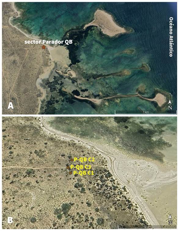 A: sector de Parador-QB dentro del Parque Nacional Islote Lobos y B: detalle de la localizaci�n de los tres loci P-QB.