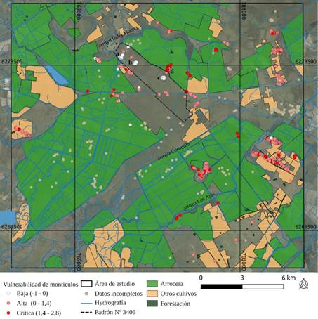 Distribuci�n de mont�culos categorizados seg�n su �ndice de vulnerabilidad en el escenario productivo actual. Los conjuntos de mont�culos nombrados en el texto est�n marcados con letras: a) La Tapera; b) Los Huesos; c) Isla de los Talitas, d) Jaula del Tigre. Coordenadas en WGS 84 / UTM zone 21S. Las delimitaciones de cultivos son de elaboraci�n propia, a partir de las im�genes satelitales de Google Earth, entre 2007 y 2022.