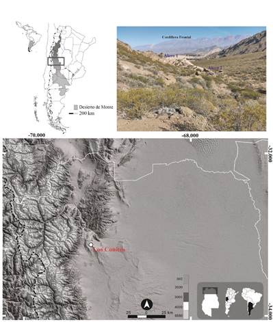 Localizaci�n del sitio arqueol�gico Los Conitos (valle de Potrerillos, Mendoza).