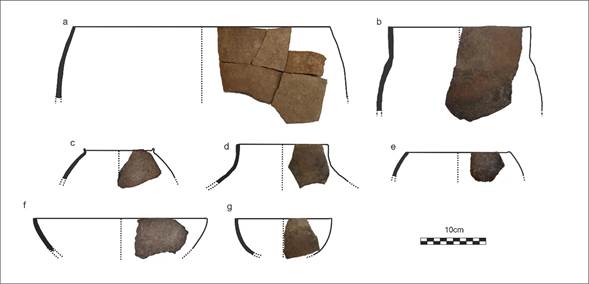 Formas de recipientes identificadas. A-B: c�ntaros (fragmento N� 16 y 19). C-E: ollas (fragmentos N� 22, 9 y 4). F: cuenco (fragmento N� 14). G: escudilla (fragmento N�6).